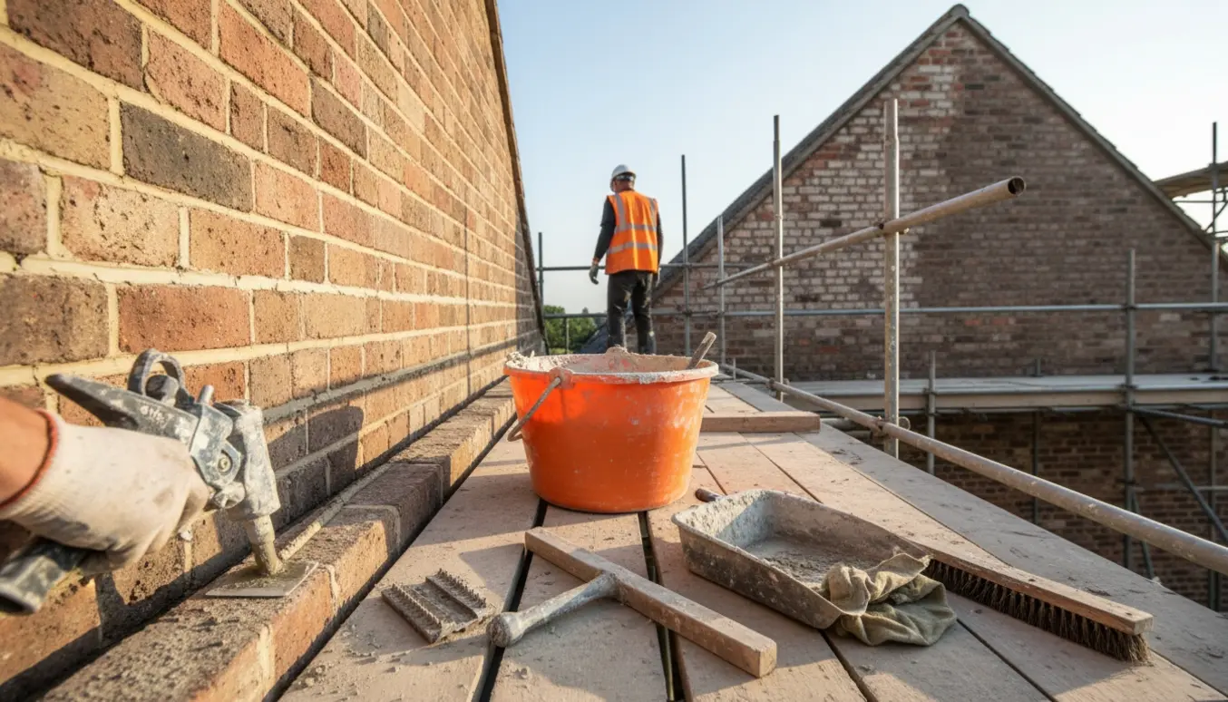 Håndværker fuget om fugerne på to husgavle fra et stillads med værktøj og frisk mørtel i fokus.