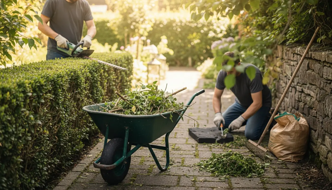Havearbejde med beskæring af hæk, lugning mellem fliser og en trillebør fyldt med grønne afklip.