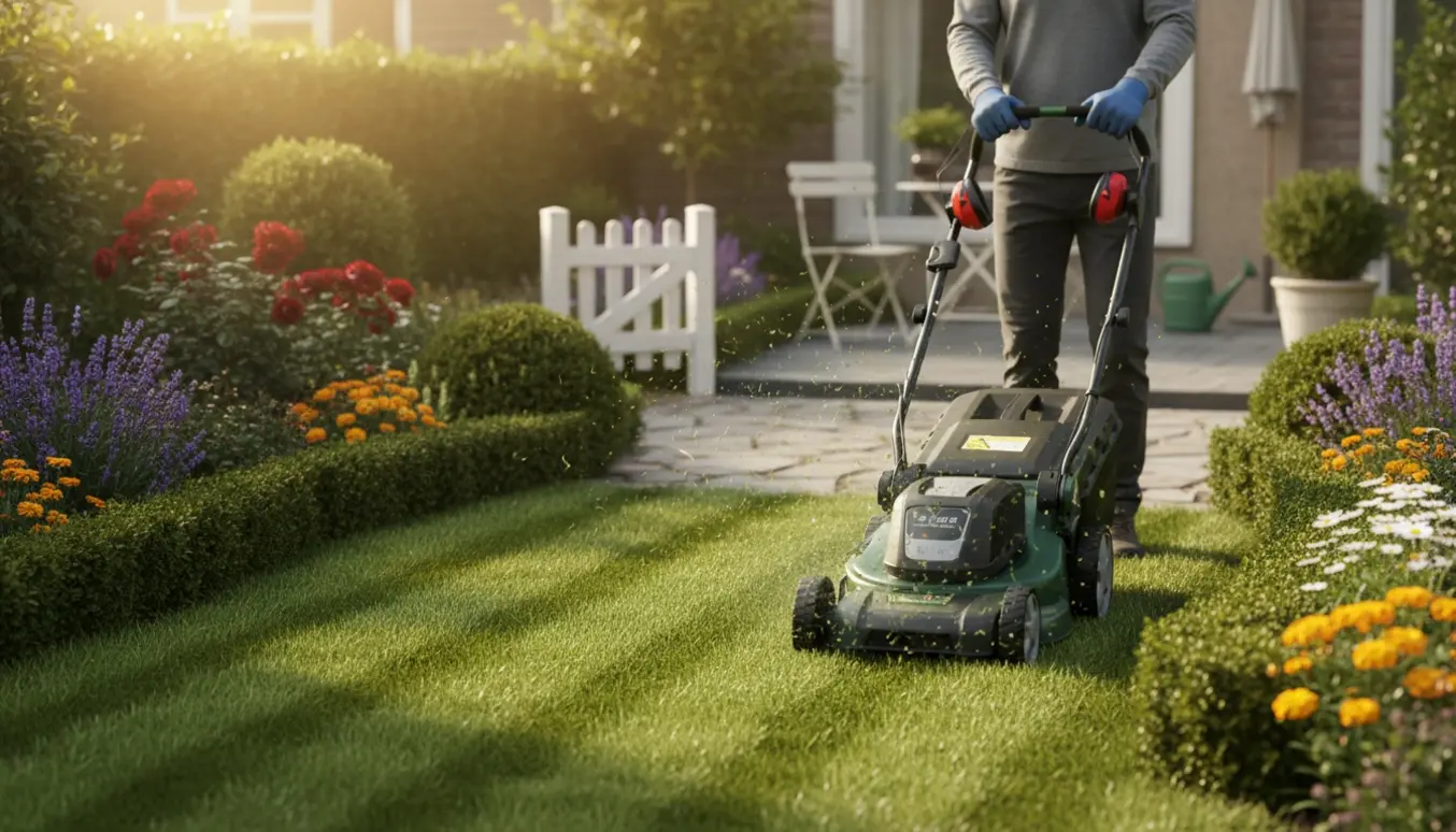 En græsslåmaskine i aktion i en lille have med nyklippede striber og velplejede bede.
