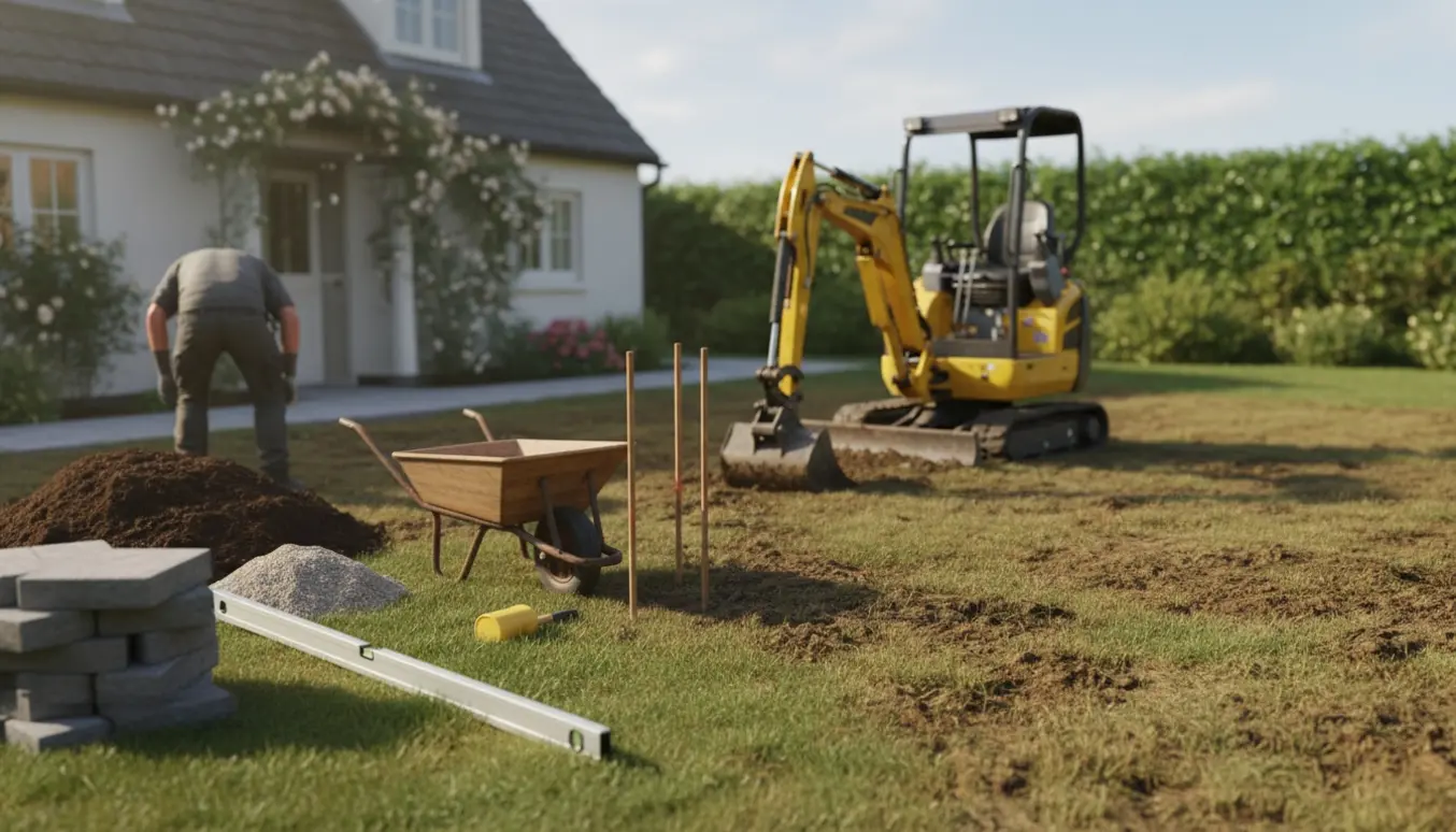 Mini-gravemaskine udjævner en ujævn græsplæne med bunker af jord og en stak havefliser ved siden af.