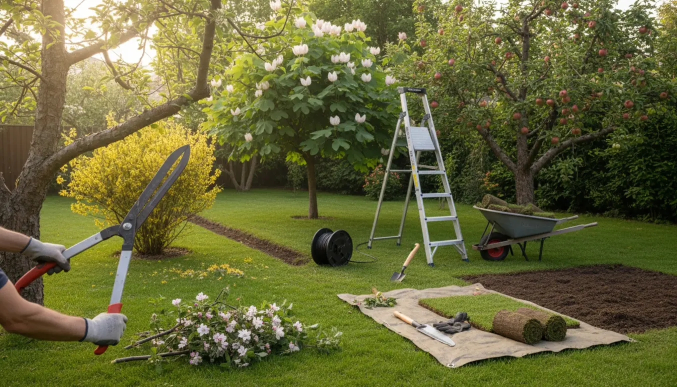 Soloplyst baghave med beskårede frugttræer, bunke af grene, rullegræs og synligt kabel til robotplæneklipper.
