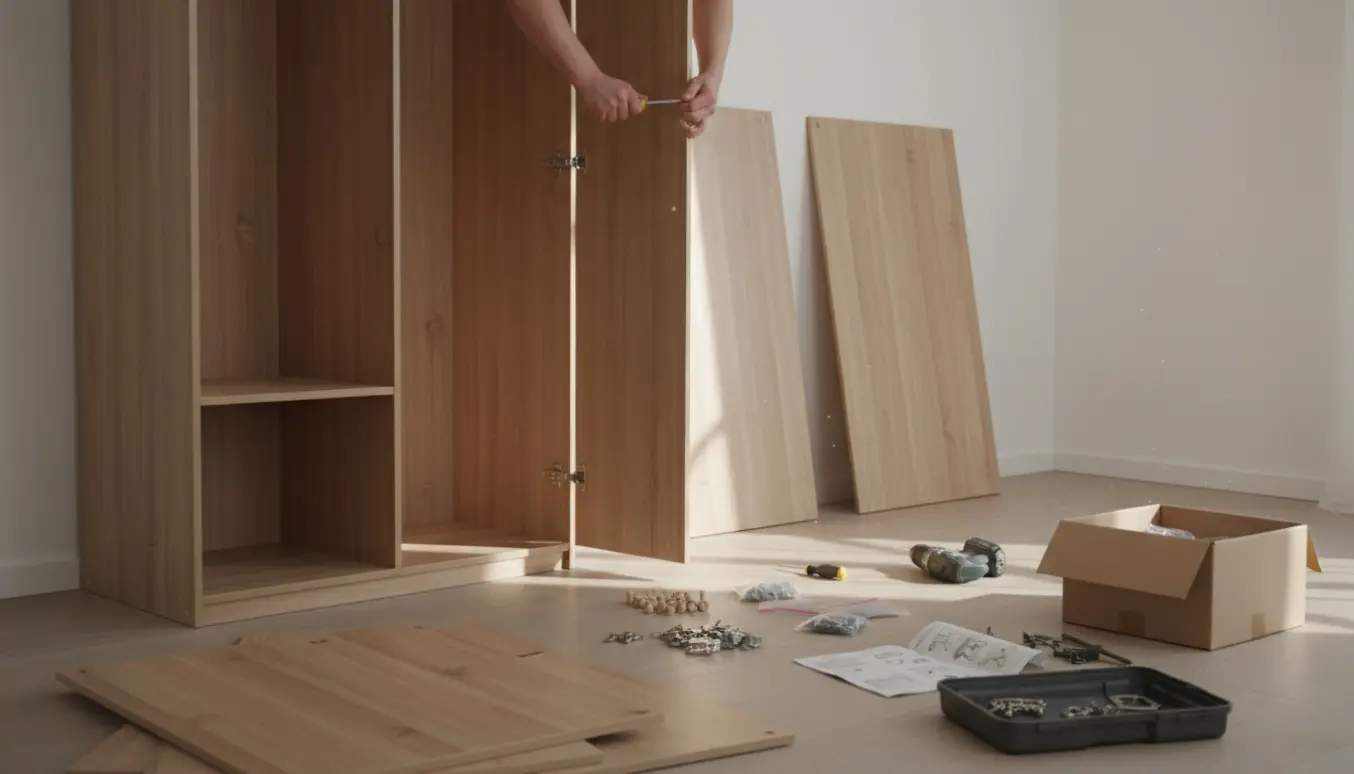 Hænder samler et lille to-dørs garderobeskab i et lyst, minimalistisk værelse med værktøj og dele omkring.