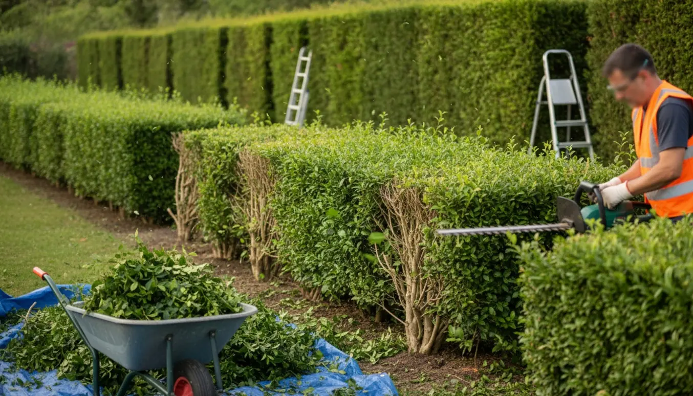 Overgroede liguster- og thuja-hække klippes ned i en have med afklip samlet på en presenning.