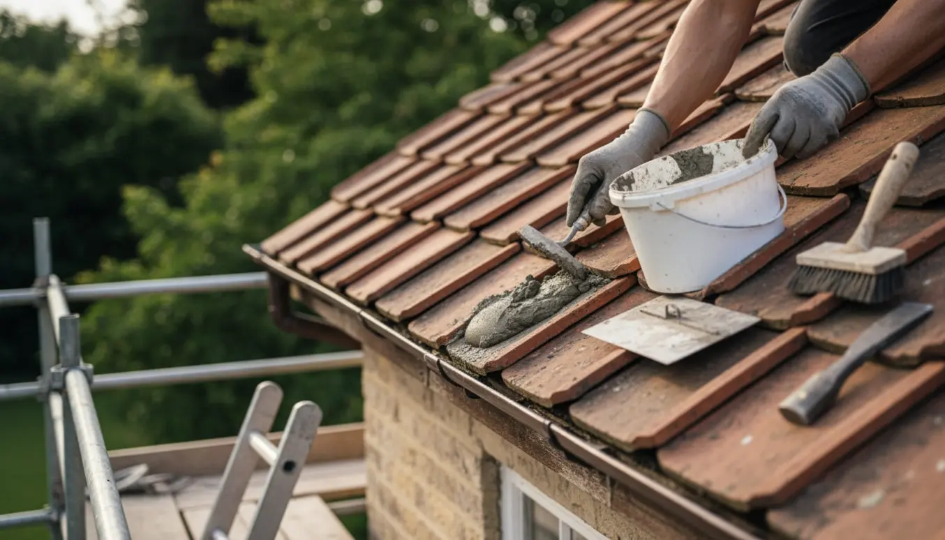 Hænder i handsker udglatter ny mørtel mellem rygsten på et gammelt to‑etagers tegltag.