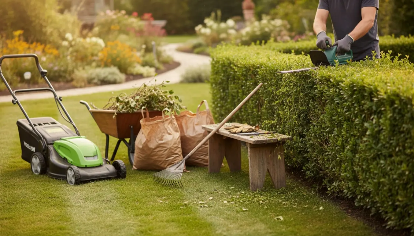 Hækkeklipning og græsslåning i en velplejet have med en trillebør fyldt med haveaffald.