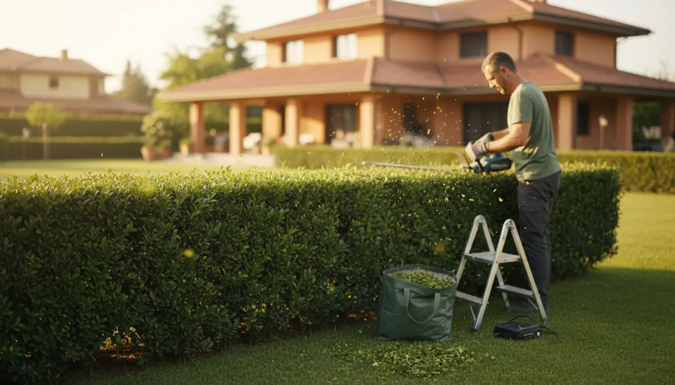 Person set bagfra klipper en tæt hæk i en villahave med elektrisk hækkeklipper og friske grønne klip på græsset.