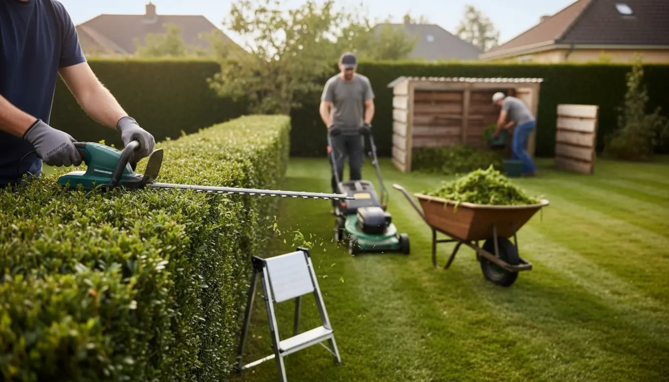 En person trimmer en hæk og slår græs, mens haveaffald køres til en fælles kompost.