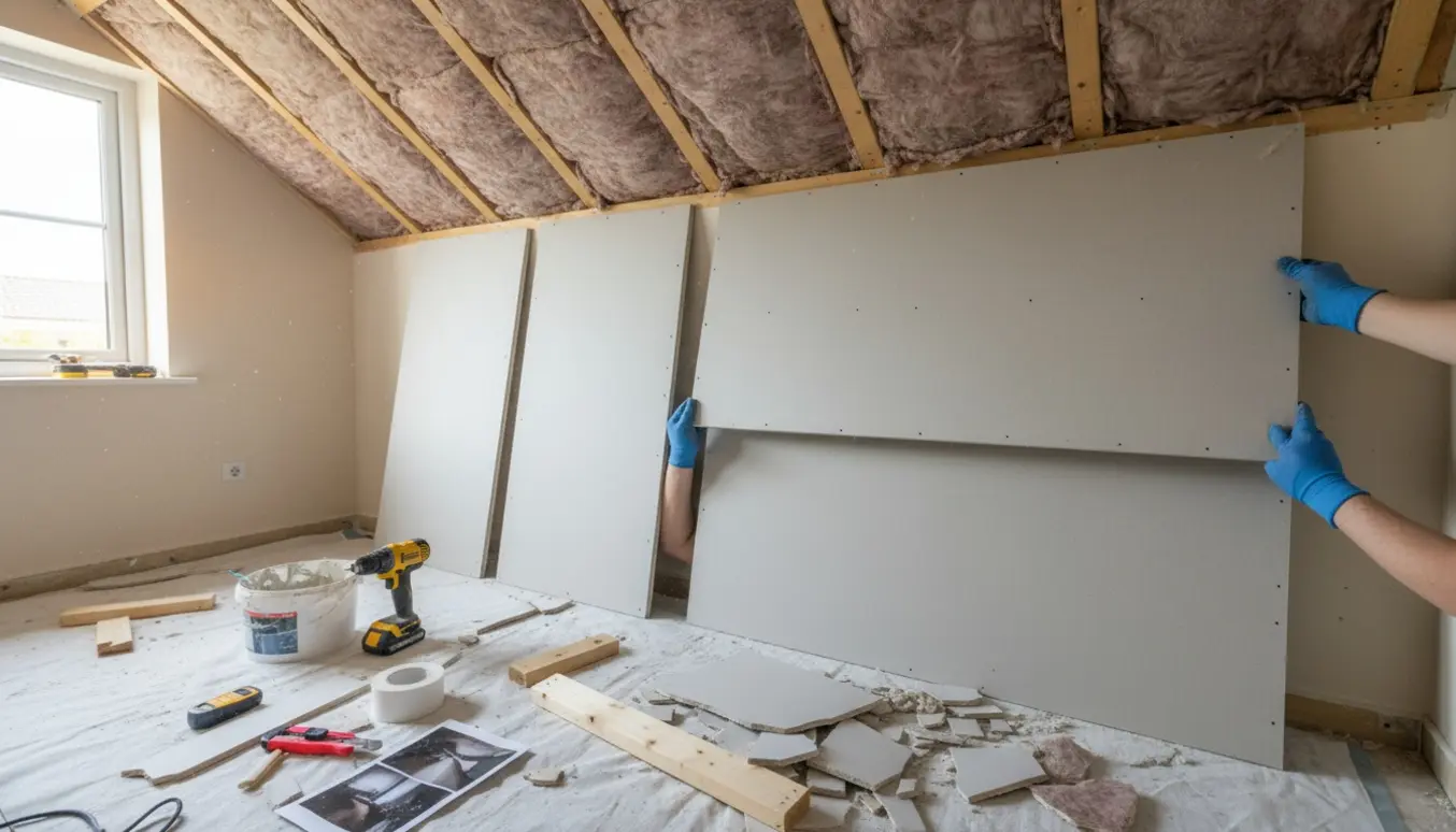 Delvist udskiftet gipsloft med synlig rockwool, nye gipsplader og værktøj i en lille tilbygning.