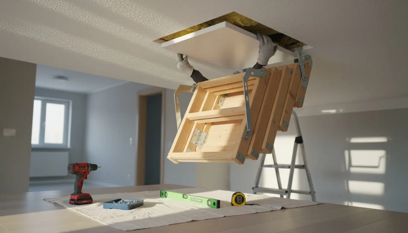 Montage af ny loftlem med foldetrappe, hænder ved loftsåbningen.