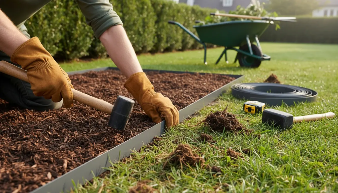 Hænder i handsker installerer kantbånd og luger ukrudt langs et bed i en nyanlagt have.