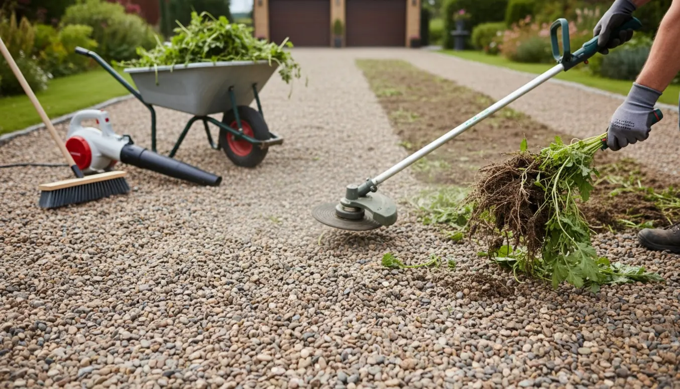 Hænder og redskaber fjerner ukrudt fra en lang perlesten-indkørsel, med en trillebør fyldt med indsamlet ukrudt.