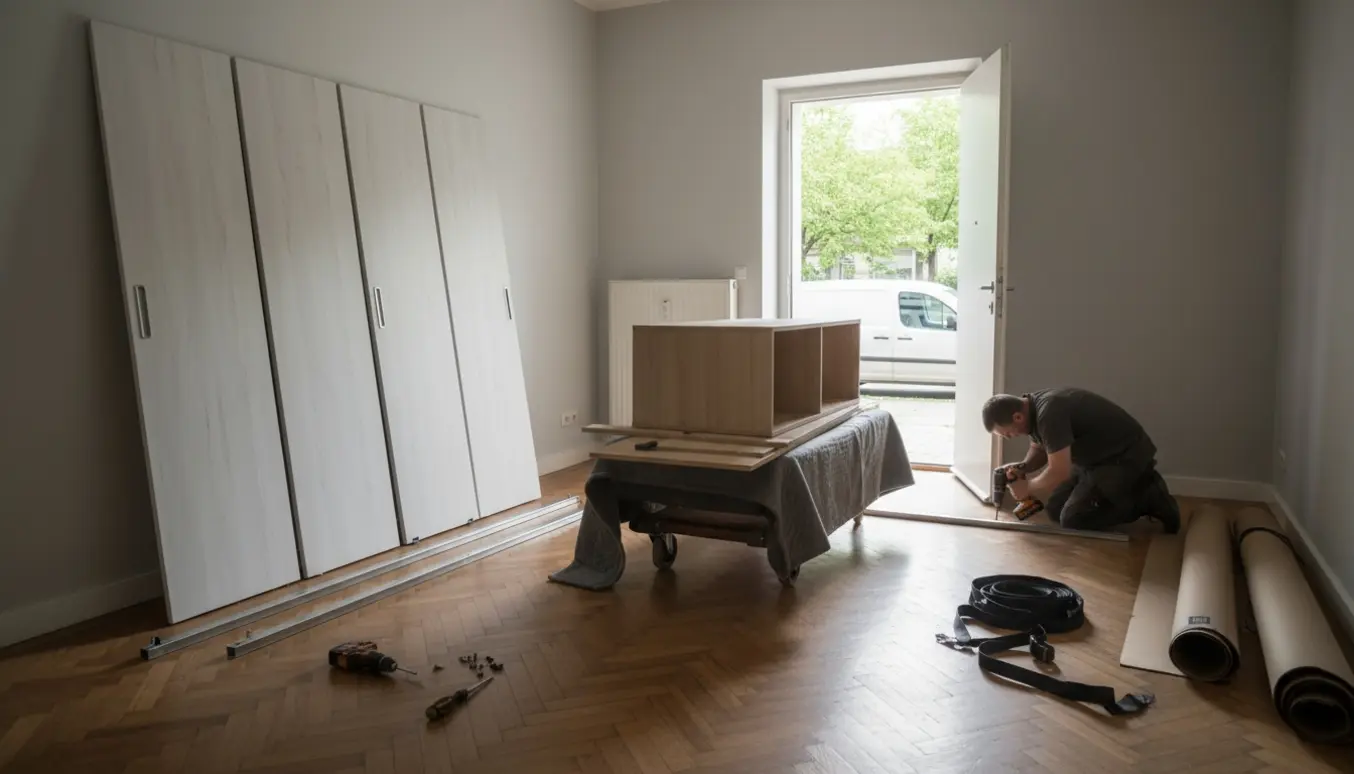 Delvist nedtaget indbygget skab med skydedøre, skinner og flytteudstyr i en lejlighed.