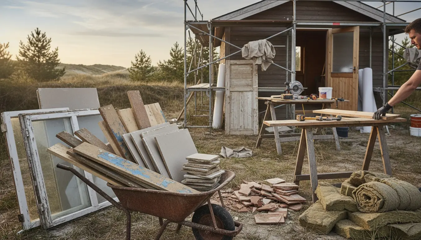 Byggeaffald ved et sommerhus under renovering med stablet træ, gips, fliser og værktøj.
