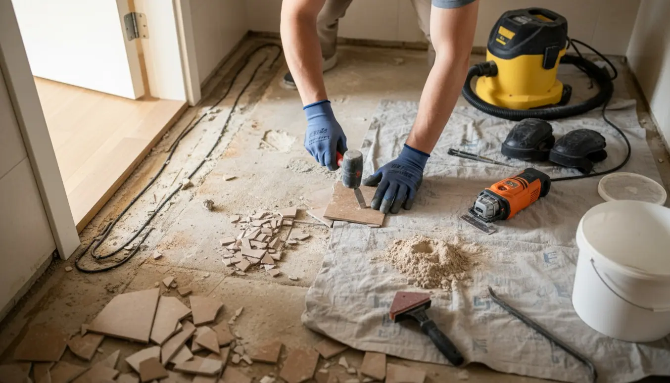 Nærbillede af fliser, der forsigtigt fjernes fra et lille gæstetoilet med værktøj og synlig gulvvarme under betonen.