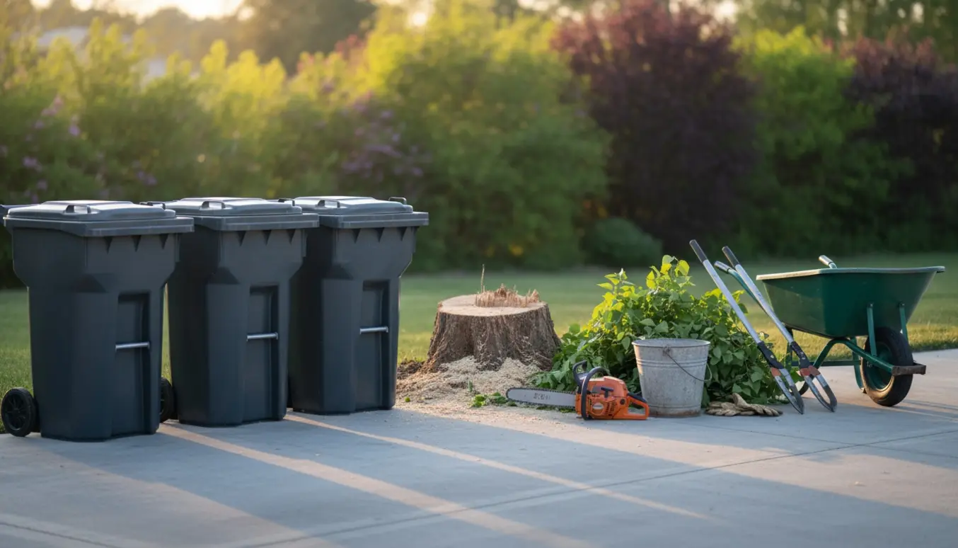 Indkørsel med afsavede syrengrene, værktøj og plads til tre skraldespande ved en gammel metalspand.