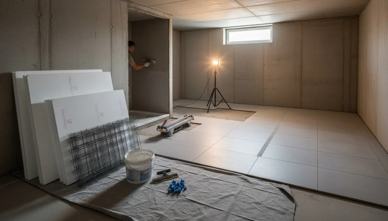 Kælder under renovering med flamingoplader, rivenet, nylagte klinker og håndværker, der pudser væggen.