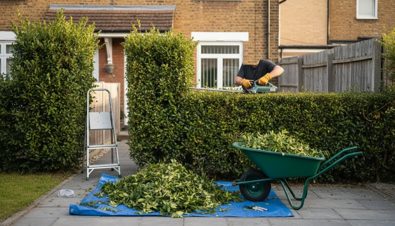 Rækkehæk ved et lille rækkehus, delvist nyslået med afklippede grene samlet på en presenning.