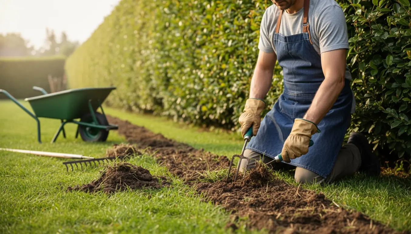 Lang hæk med fjernet ukrudt ved hækkens fod, handsker trækker rødder op med rive og hakke.