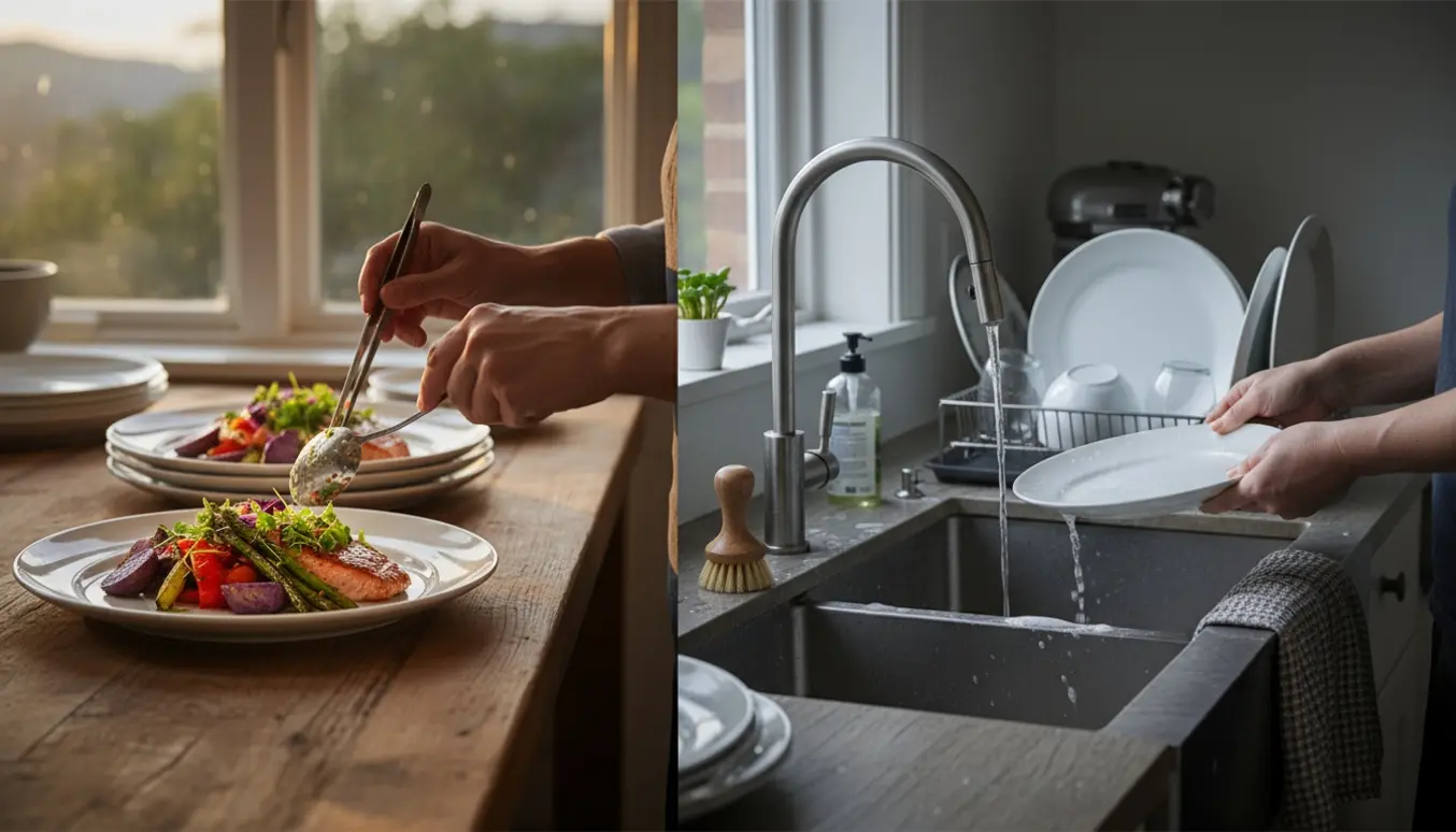 Hænder anretter mad på tallerkener ved køkkenbordet, mens andre hænder vasker op ved vasken.