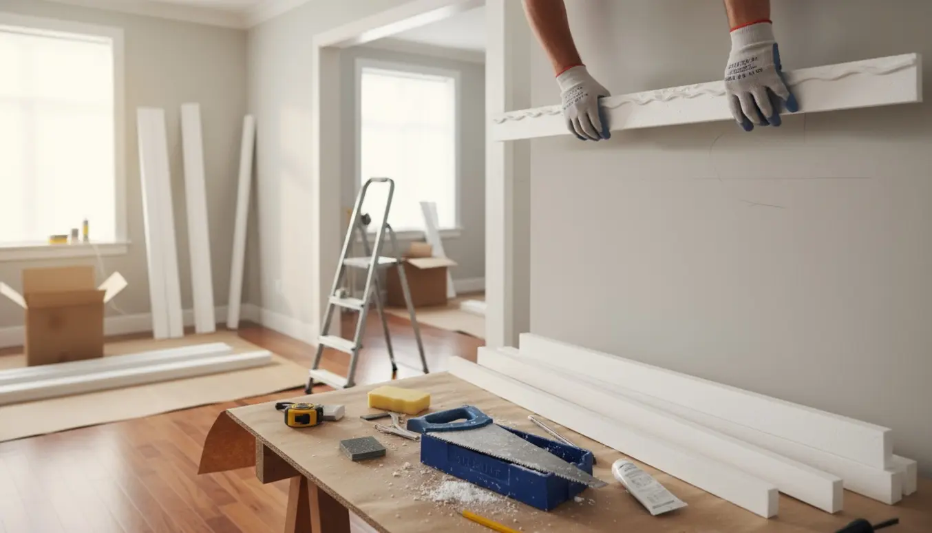 Hænder monterer flamingo stuk langs loftskanten i et lyst rum.