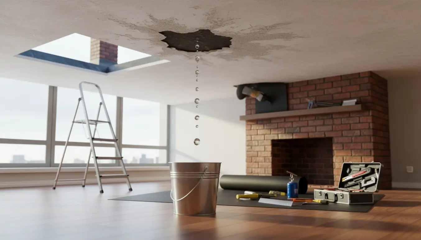 Vand drypper gennem loftet ved skorstenen i stuen, en spand fanger lækagen mens hænder uden ansigt tætner taget gennem en åben tagluge.