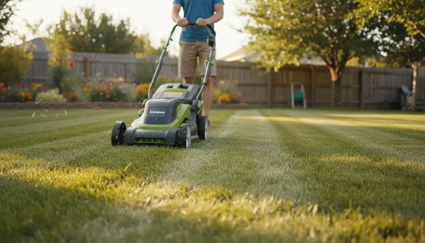 En person ses bagfra mens en batteridrevet plæneklipper laver striber på en lille græsplæne på en solrig sommerdag.