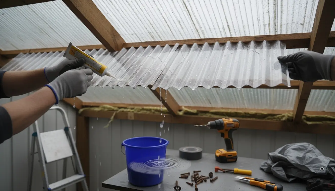 Nærbillede af arbejdshænder, der tætner et hul i bølget plasttag på et skur, mens en spand opsamler dryp.