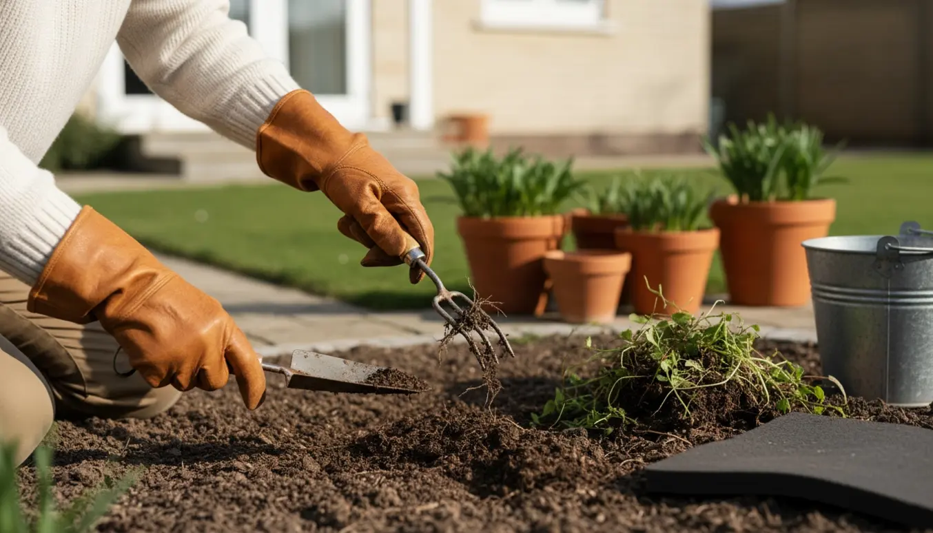 Nærbillede af hænder i havehandsker, der luger ukrudt i et blomsterbede ved et privat hus.