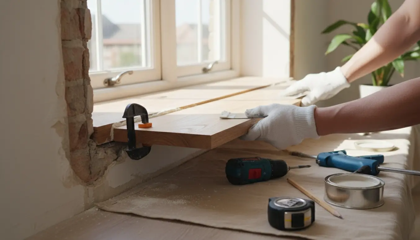 Nærbillede af en vindueskarm, hvor arbejdshænder monterer en matchende forlængelse efter nedrivning af væg.