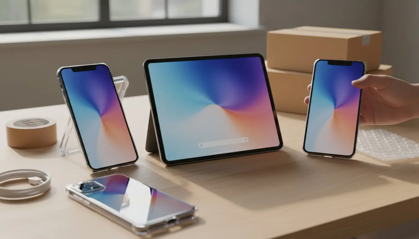 Tablet og to ens smartphones på et lyst bord med opladere, etui og pakkematerialer, klar til salg.