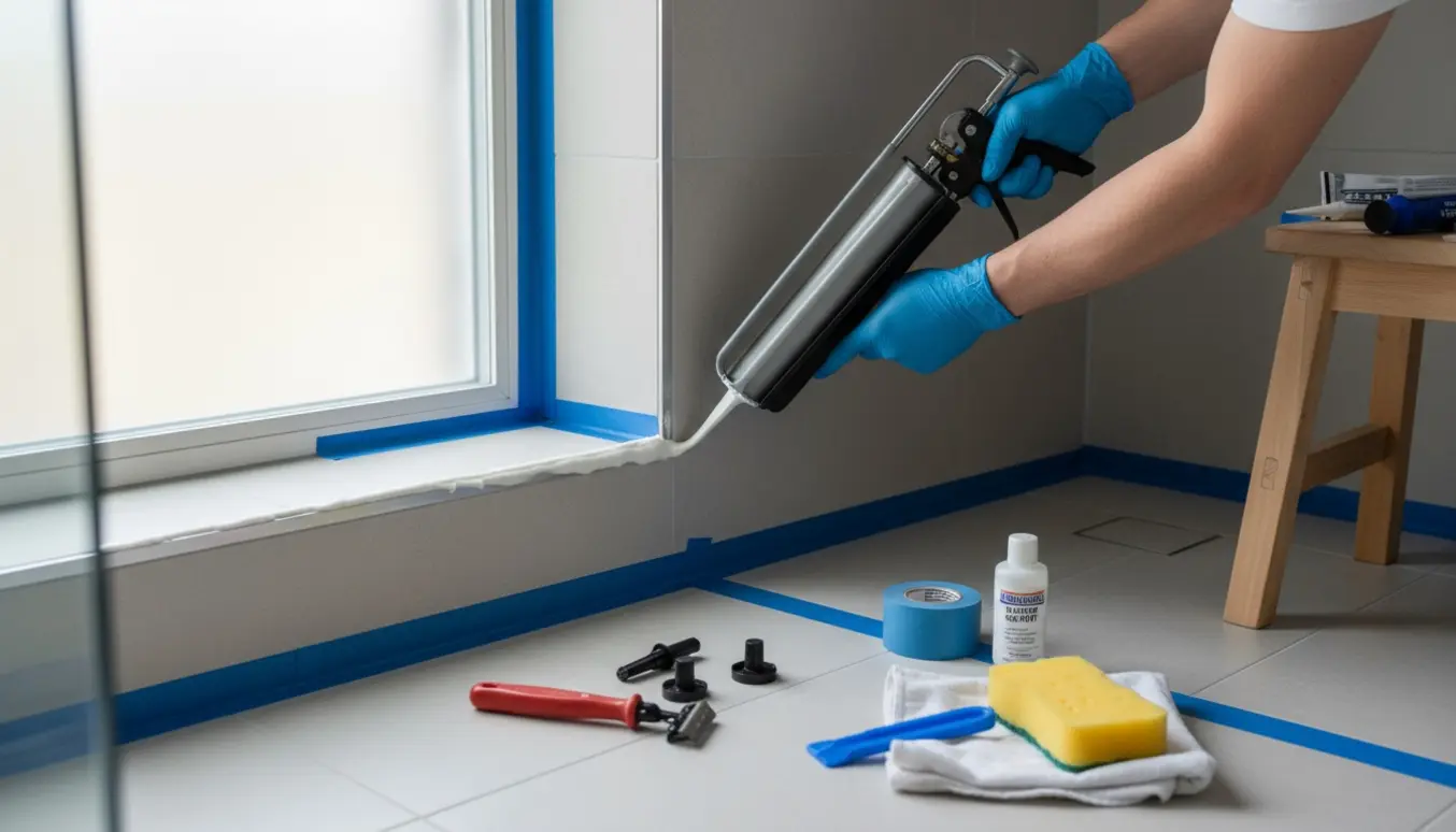 Nærbillede af hænder med fugepistol, der lægger nye siliconefuger i en bruseniche ved gulv og væg.