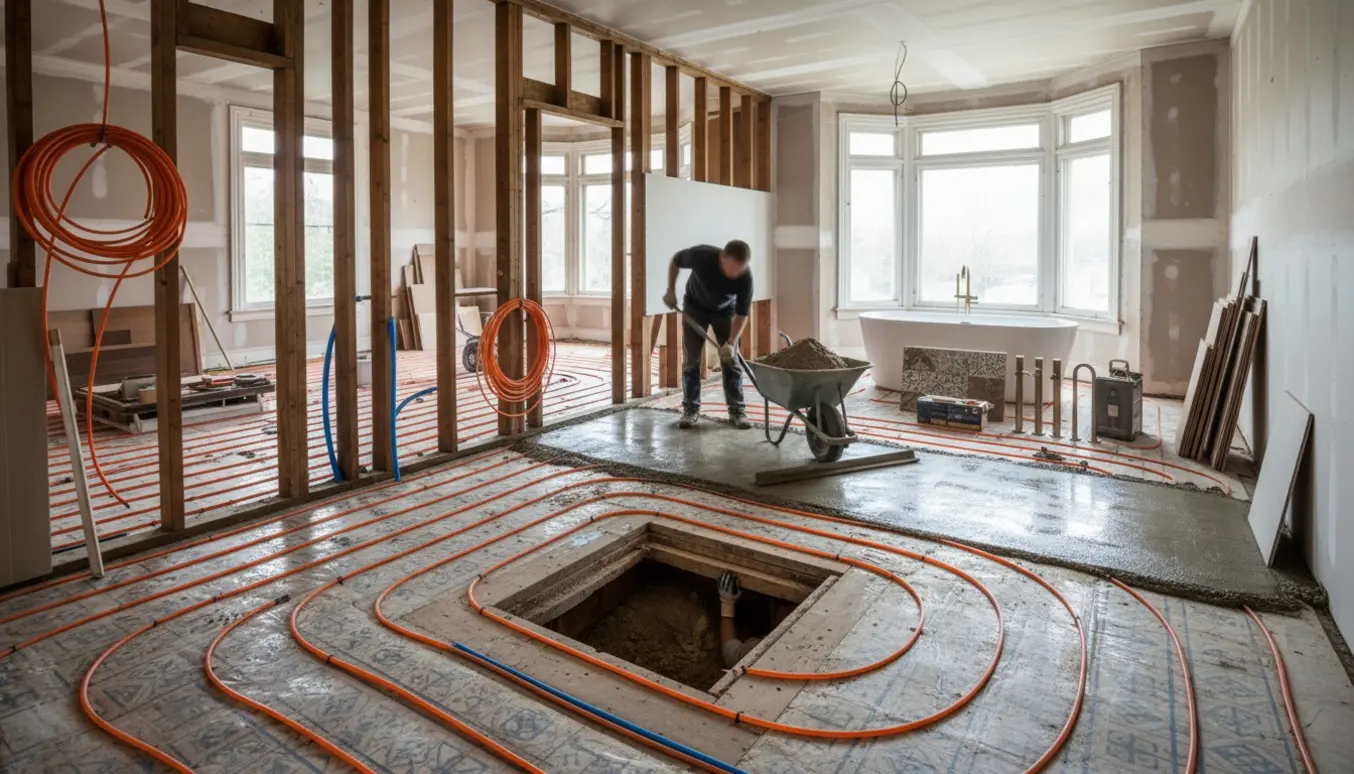 Indvendigt foto af totalrenovering med eksponerede stolper, nye gipsplader, gulvvarmerør og betonarbejde.