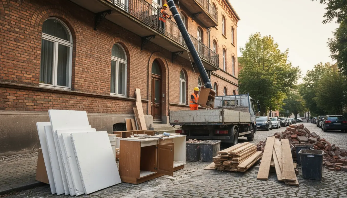 Byggeaffald fra 4. sal sænkes via en affaldschute ned til en container med gips, træ, gammelt køkken og murerbrokker.