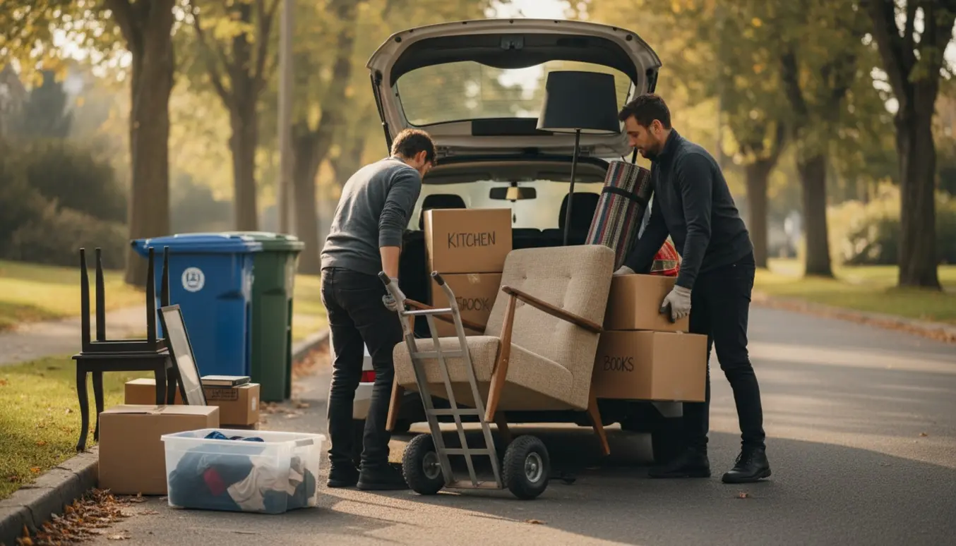 To personer læsser mindre møbler og kasser i bagagerummet på en bil ved fortovet, klar til aflevering på genbrugspladsen.