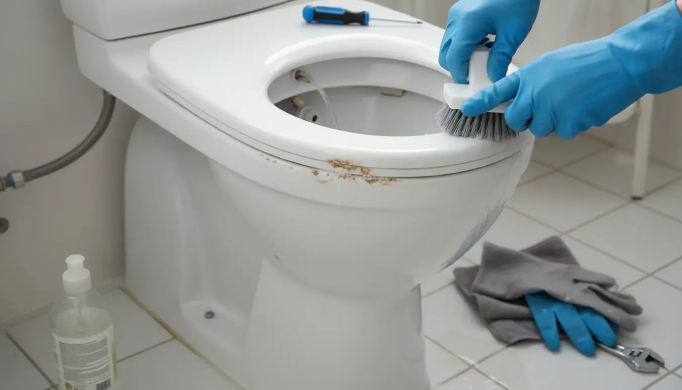 Tæt billede af en hvid toiletcistern med kalkaflejringer, hvor hænder i gummihandsker fjerner kalk og reparerer en løbende cistern.