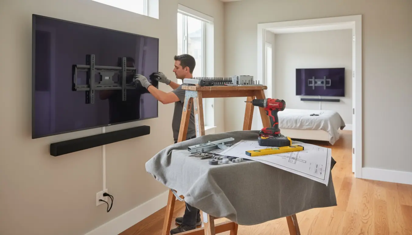 To vægmonterede fladskærme i forskellig størrelse med en soundbar under stue-tv'et og monteringsværktøj i forgrunden.