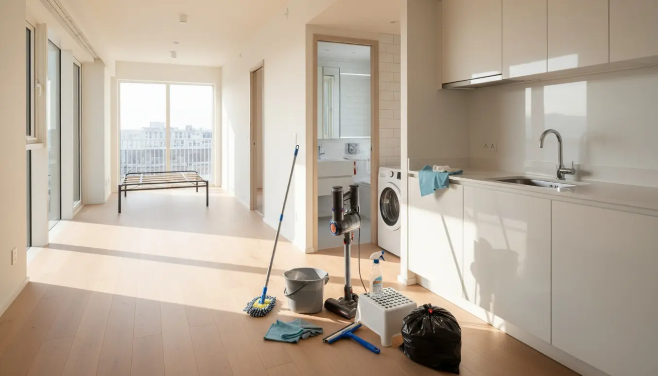 Tomme lejlighed med rengøringsredskaber og nypudsede overflader klar til flyttesyn.