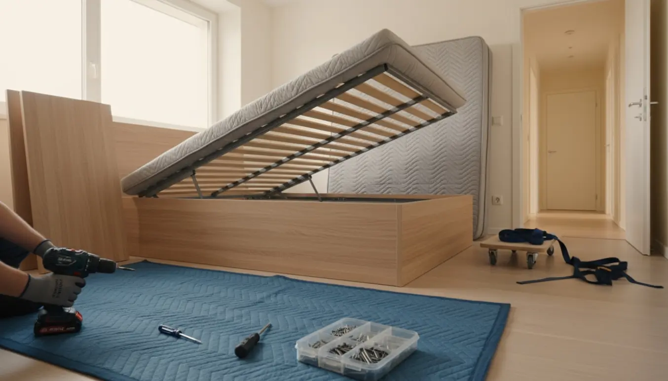 Delvist afmonteret seng i lejlighed med værktøj, pakket madras og dolly klar til flytning.