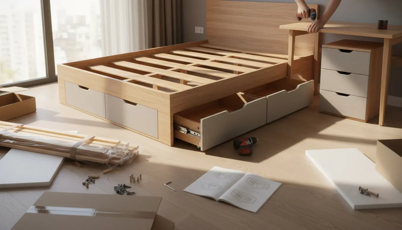 Samling af IKEA 1,5-mands seng med fire udtrækskuffer og skrivebord med skuffemodul i et lyst rum.