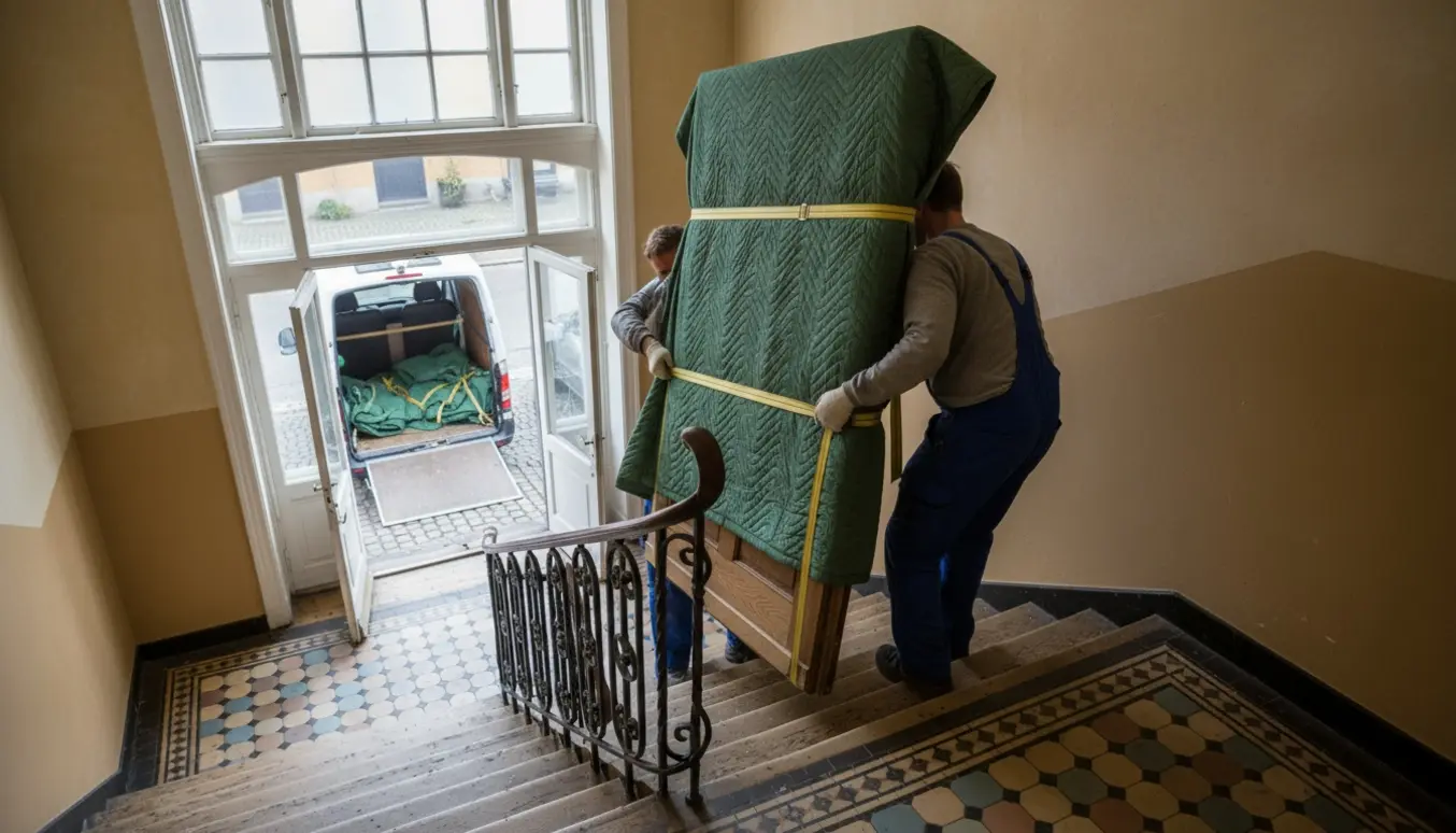 To personer bærer en hoveddør pakket ind i tæpper ned ad en trappe klar til at blive læsset i en varevogn.