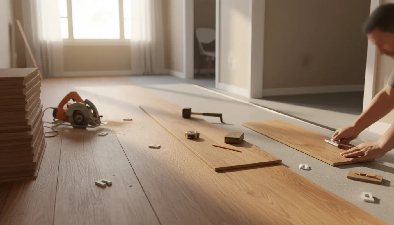 Installation af laminatgulv i et værelse og gang med underlag og værktøj synligt.