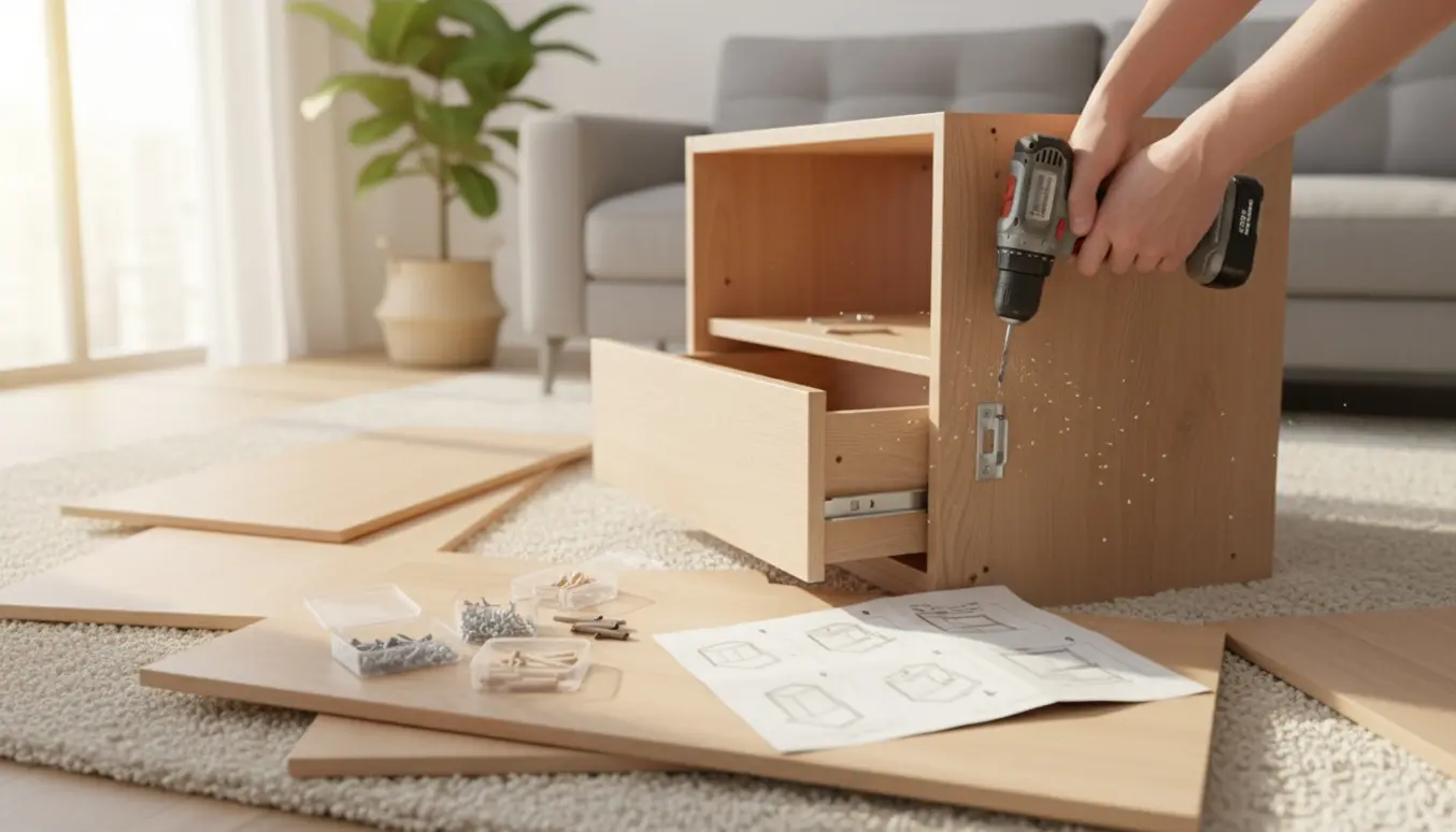 Fladpakket kommode under montering i en lys stue med boremaskine og skruer.