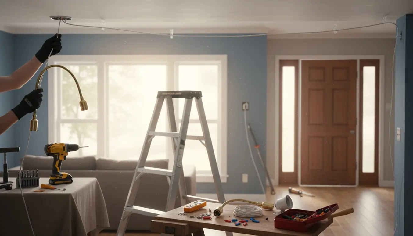 Nærbillede af hænder, der monterer en loftlampe med ledning og værktøj, mens en let hængslet hoveddør ses i baggrunden.