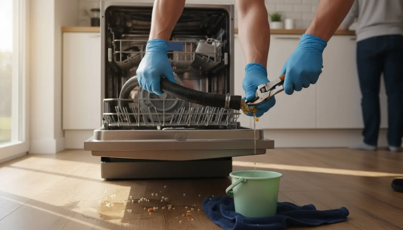 Hænder fjerner afløbsslange fra en åben opvaskemaskine med en spand til opsamling af vand.