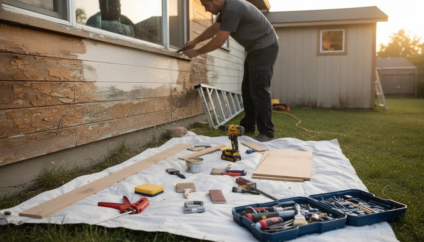 Hænder udfører småreparationer på træpaneler og en vinduesramme på et parcelhus med værktøj og materialer.