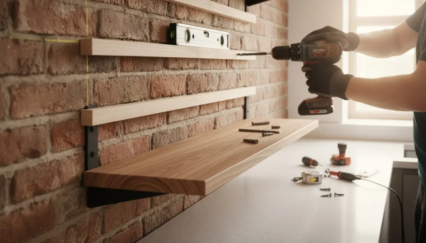 Hænder monterer en 2,5 m træhylde på en murstensvæg ved hjælp af lister, rawlplugs og borehammer.