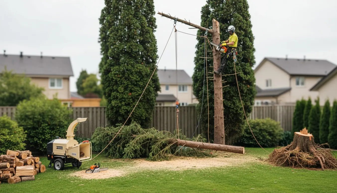 To grantræer fældes og topskæres i en have med stabler af brænde og en delvist fjernet stub.