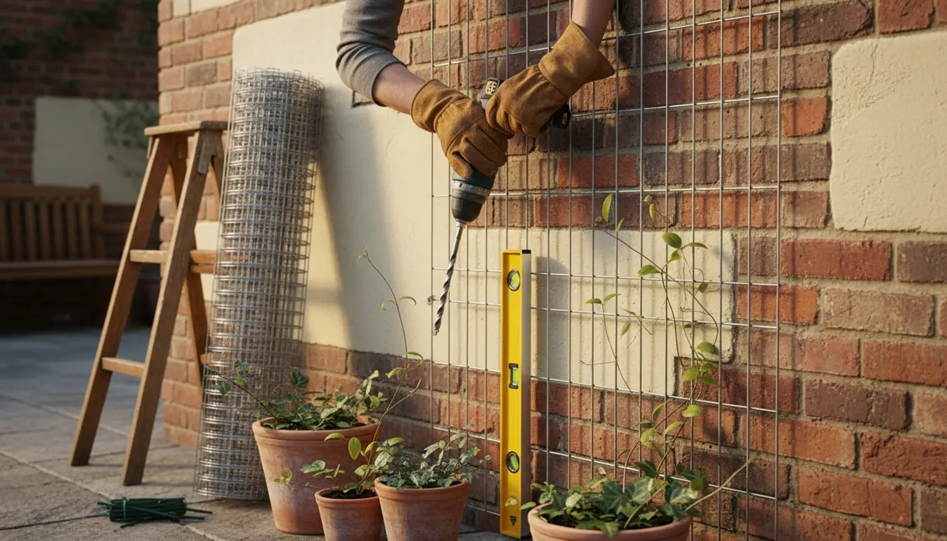 Hænder monterer rionet på en gårdhavevæg med værktøj og klatreplanter i forgrunden.