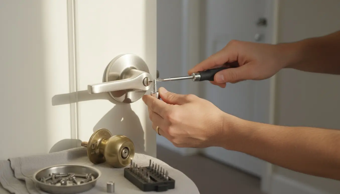Nærbillede af hænder, der udskifter et dørhåndtag på en lejlighedsdør med skruetrækker og nyt håndtag.
