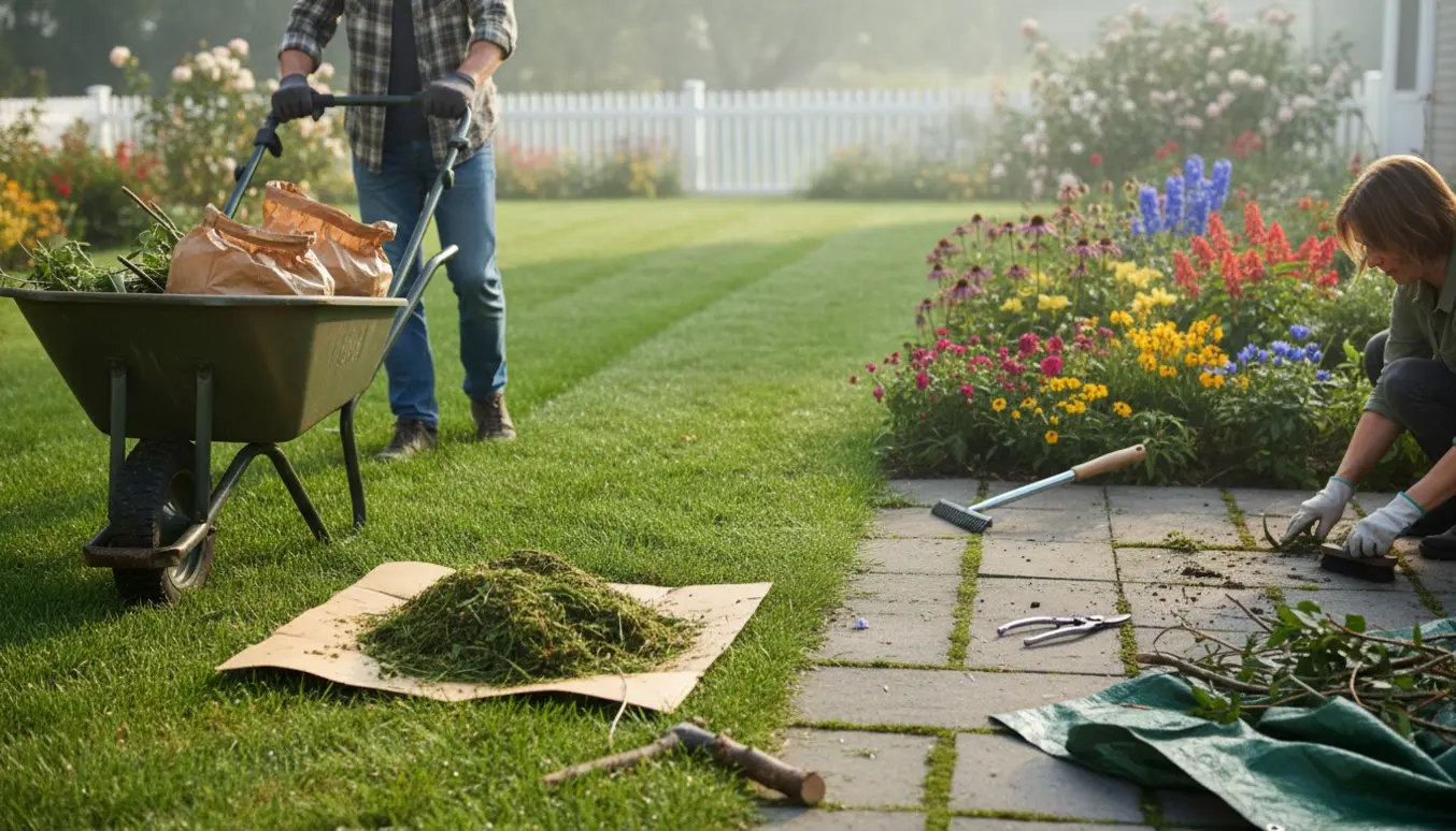 Havearbejde med græsslåning, lugning mellem fliser og trillebør med haveaffald i en solbelyst have.